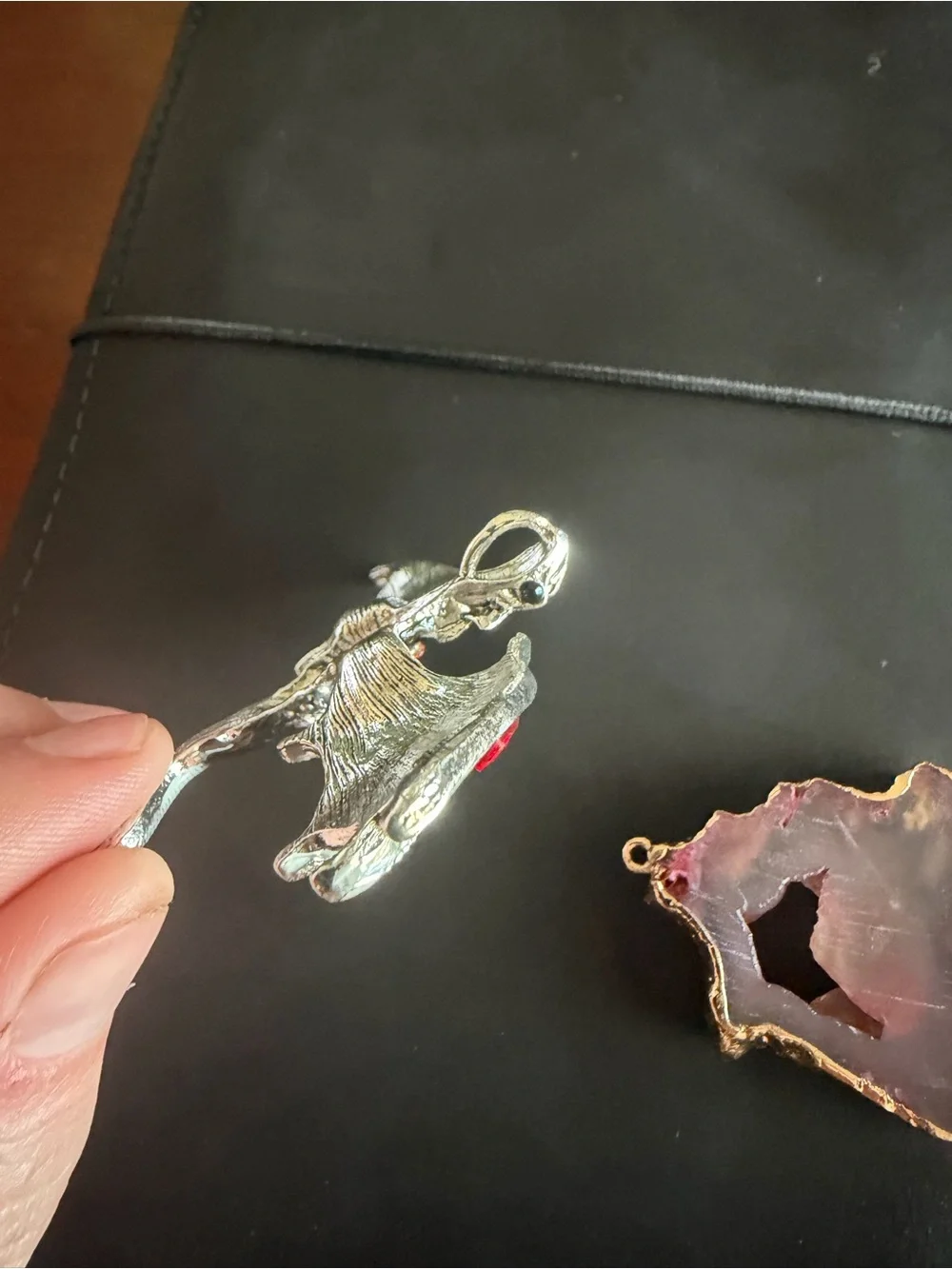 Silver Dragon Wing Charm and Pink Agate Geode Connector